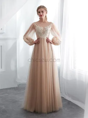 Long Sleeves Round Neck  Romantic Modest  Lace Applique  Long Prom Dress, Wedding Dresses LMX1156