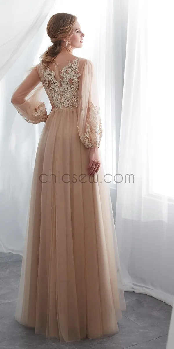 Long Sleeves Round Neck  Romantic Modest  Lace Applique  Long Prom Dress, Wedding Dresses LMX1156