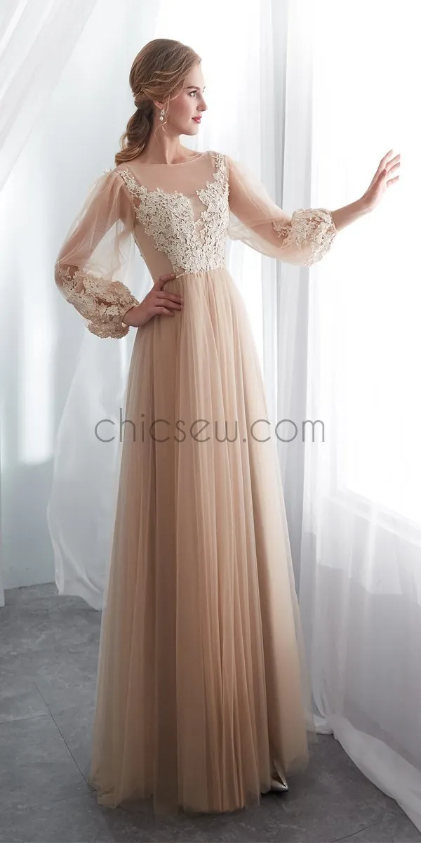 Long Sleeves Round Neck  Romantic Modest  Lace Applique  Long Prom Dress, Wedding Dresses LMX1156