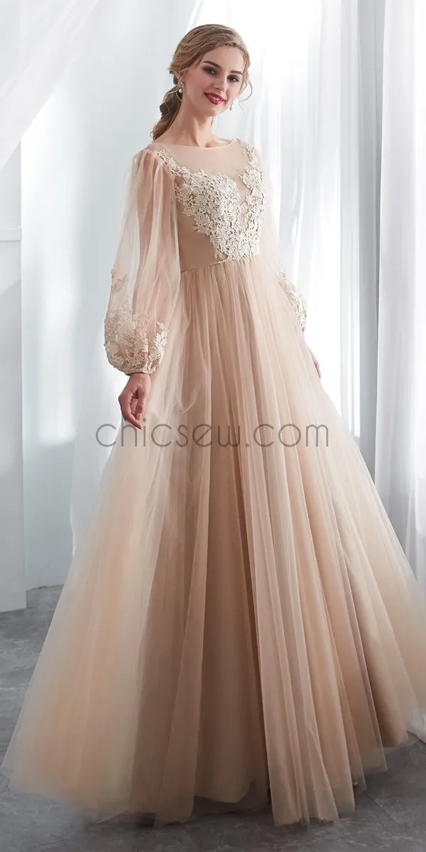 Long Sleeves Round Neck  Romantic Modest  Lace Applique  Long Prom Dress, Wedding Dresses LMX1156