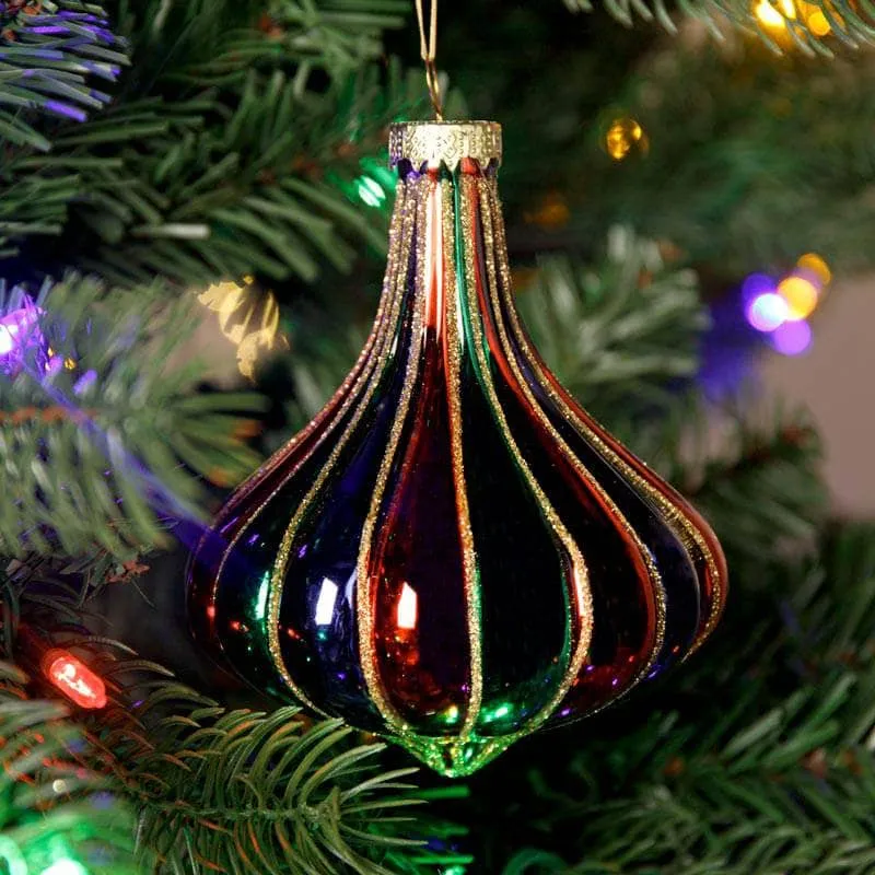 Multi-coloured Striped Onion-Shaped Glass Bauble - 11cm