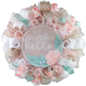 Pastel Spring Wreath, Rustic Burlap Door Decor, Customizable Wooden Sign Centerpiece