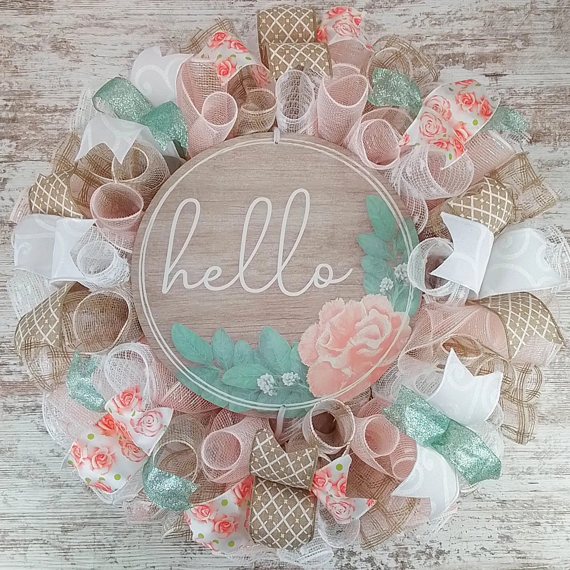 Pastel Spring Wreath, Rustic Burlap Door Decor, Customizable Wooden Sign Centerpiece