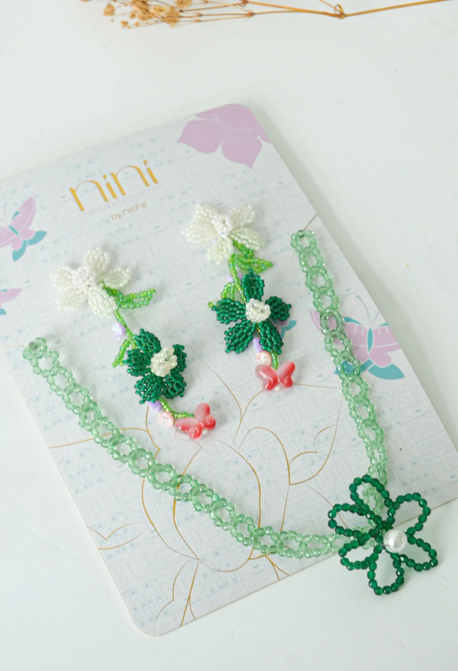 PERANAKAN Beaded Earrings & Necklace - Pansy