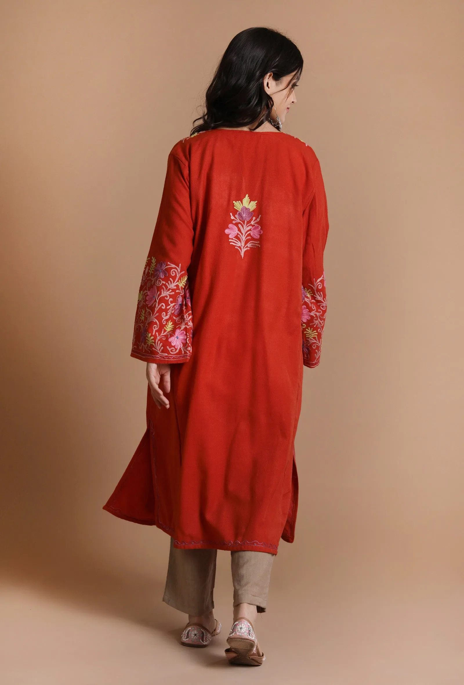 Persian Red Aari Embroidered Kashmiri Phiran-Free Size