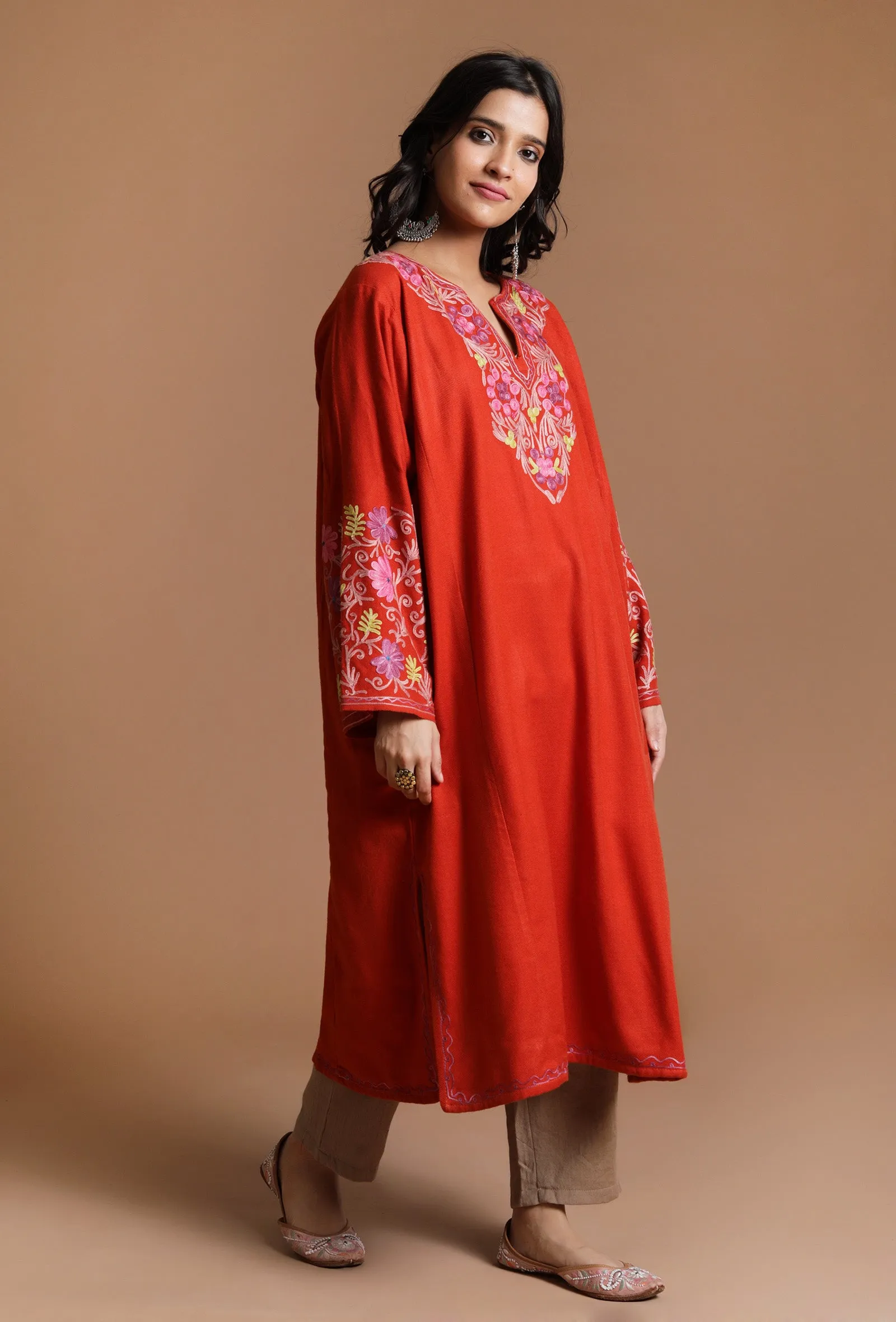 Persian Red Aari Embroidered Kashmiri Phiran-Free Size