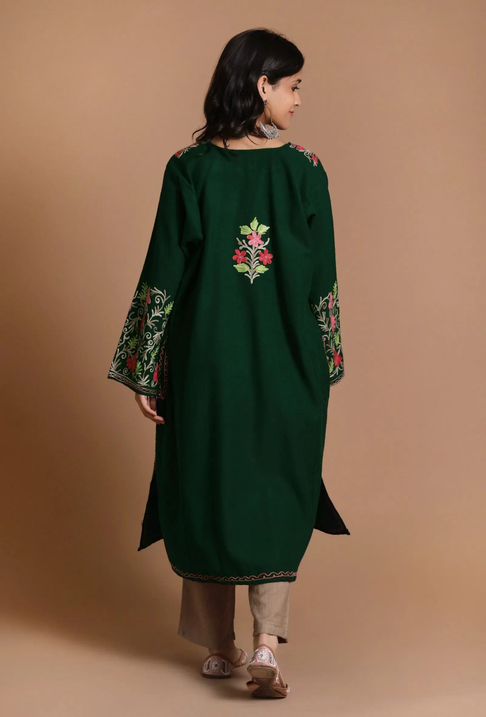 Phthalo Green Aari Embroidered Kashmiri Phiran-Free Size