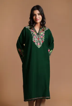 Phthalo Green Aari Embroidered Kashmiri Phiran-Free Size