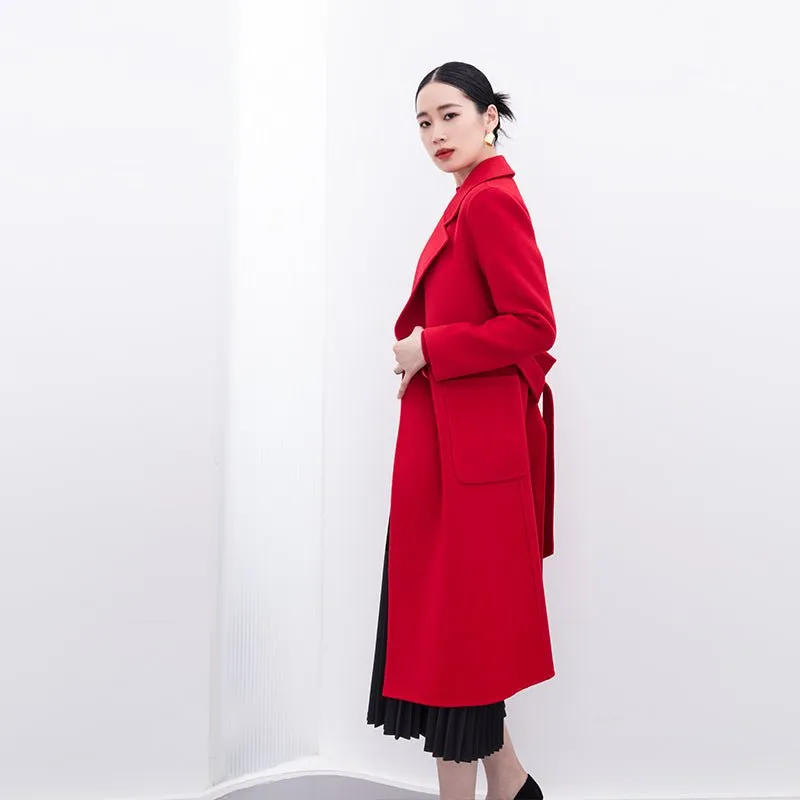 Red Lapel Long Wool Cashmere Coats with Belt