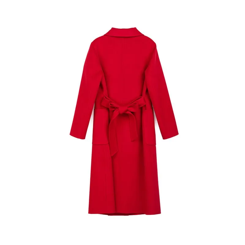 Red Lapel Long Wool Cashmere Coats with Belt