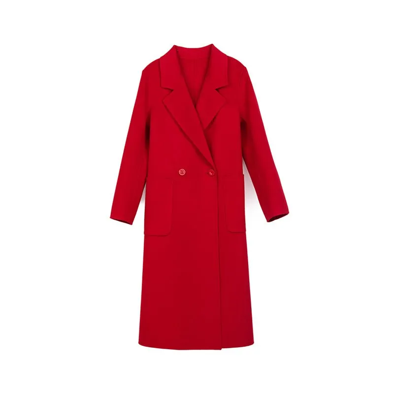 Red Lapel Long Wool Cashmere Coats with Belt