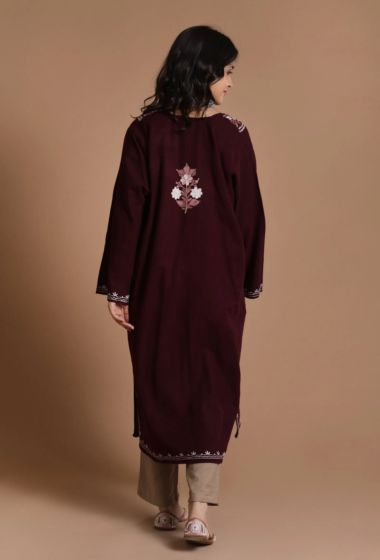 Seal Brown Aari Embroidered Kashmiri Phiran-Free Size