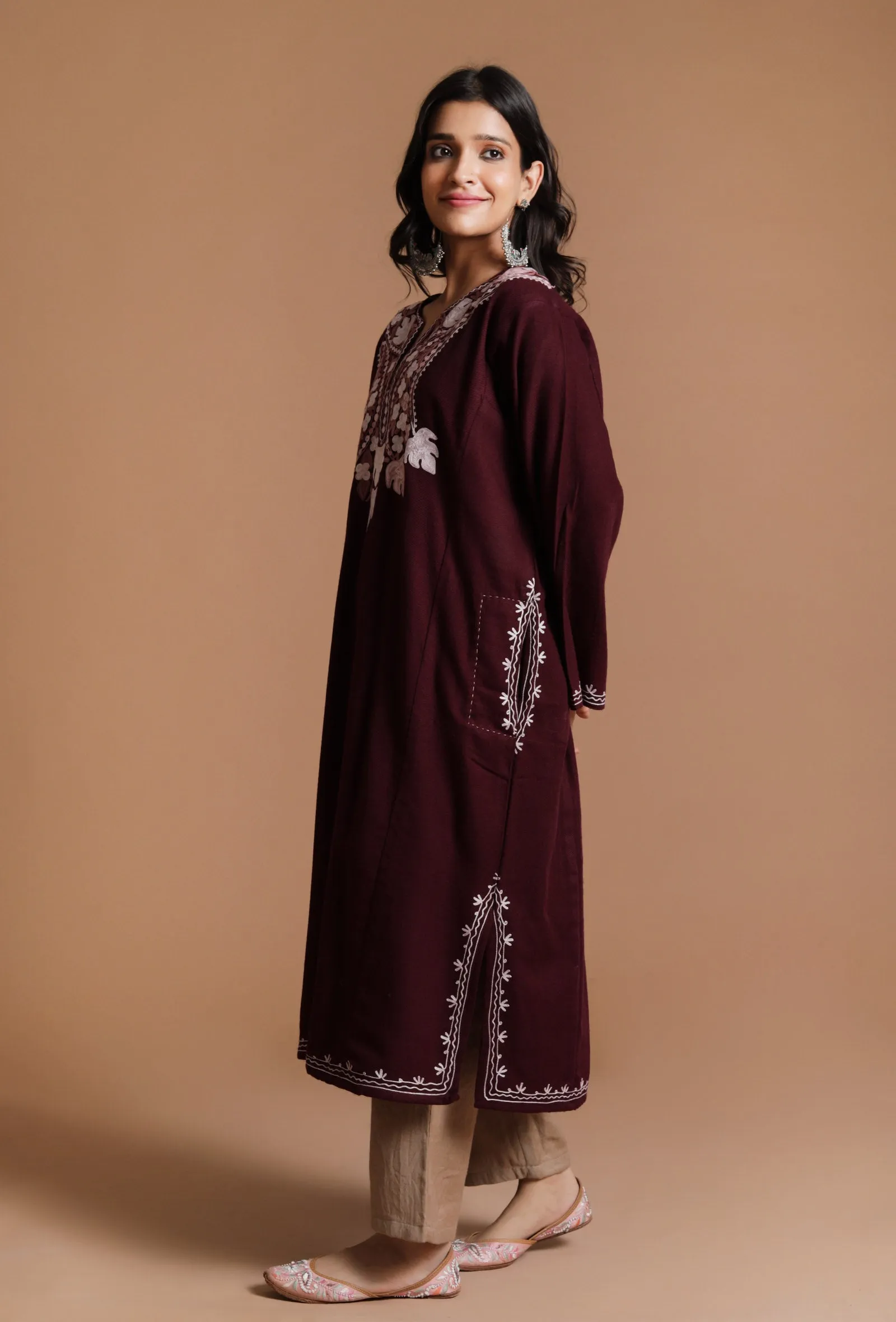 Seal Brown Aari Embroidered Kashmiri Phiran-Free Size