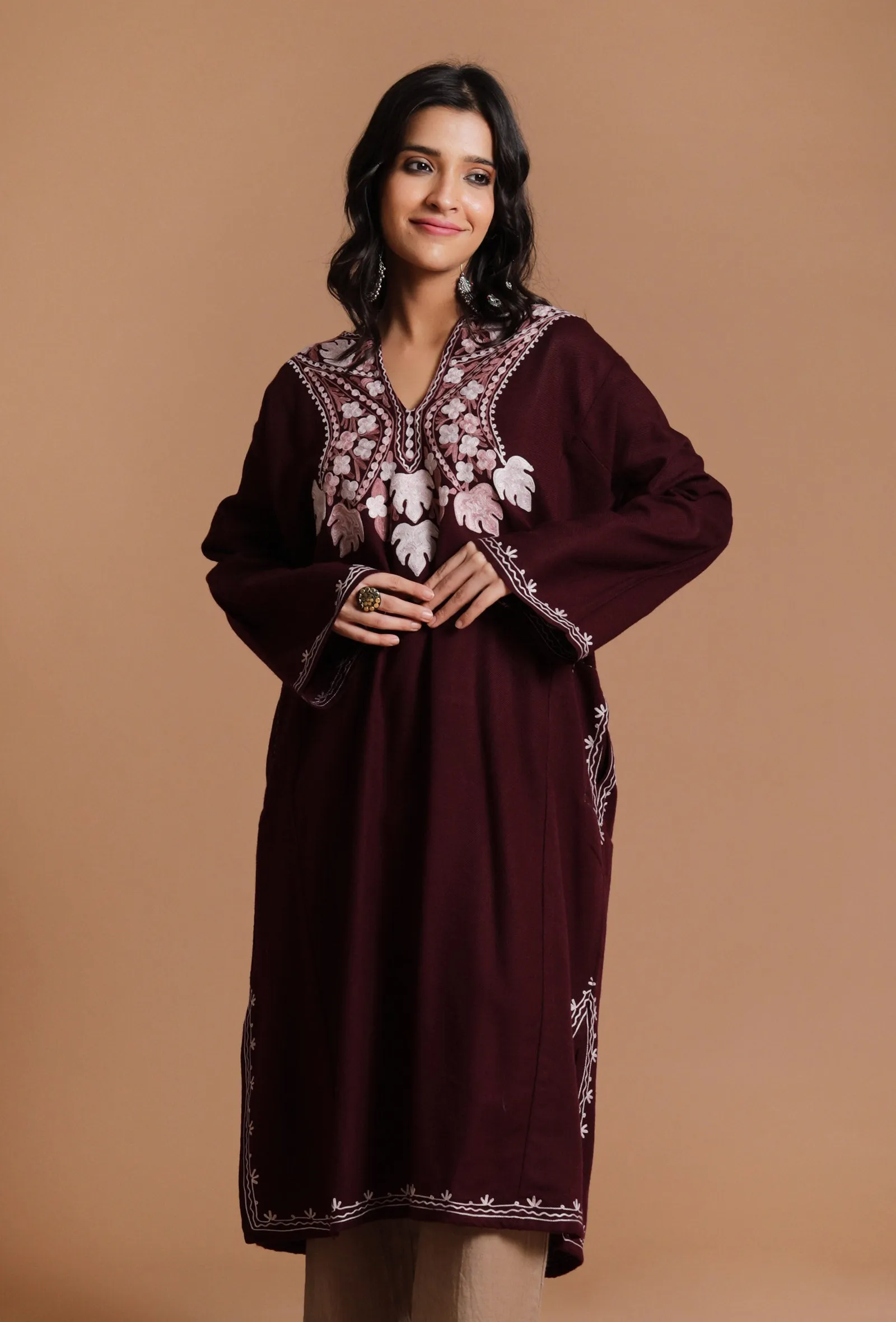 Seal Brown Aari Embroidered Kashmiri Phiran-Free Size