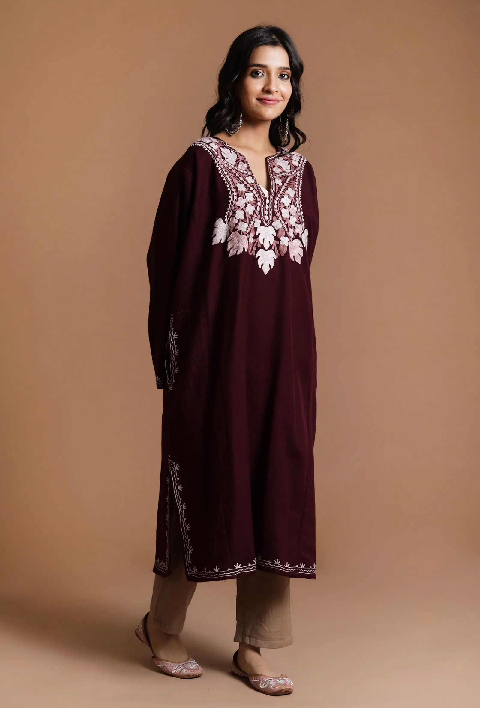 Seal Brown Aari Embroidered Kashmiri Phiran-Free Size