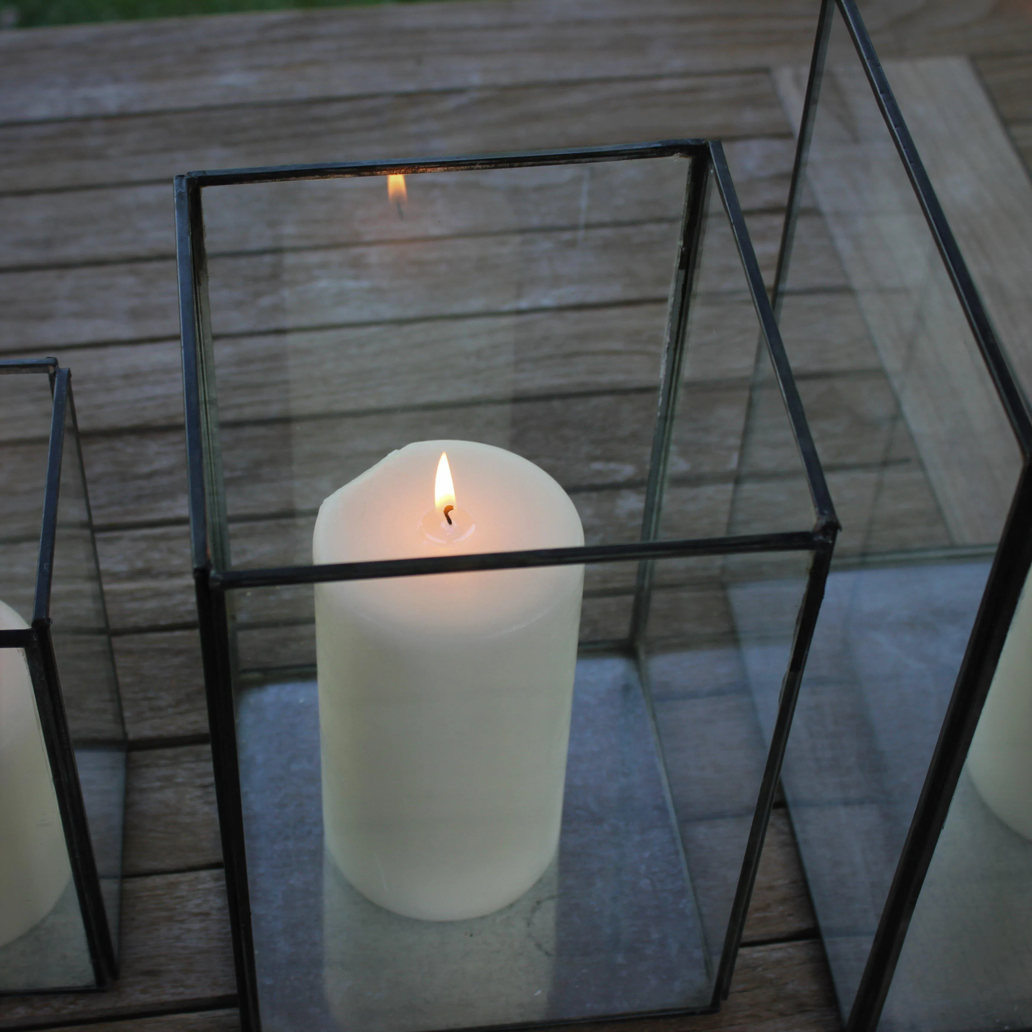 Set of Three Antiqued Metal & Glass Box Lanterns