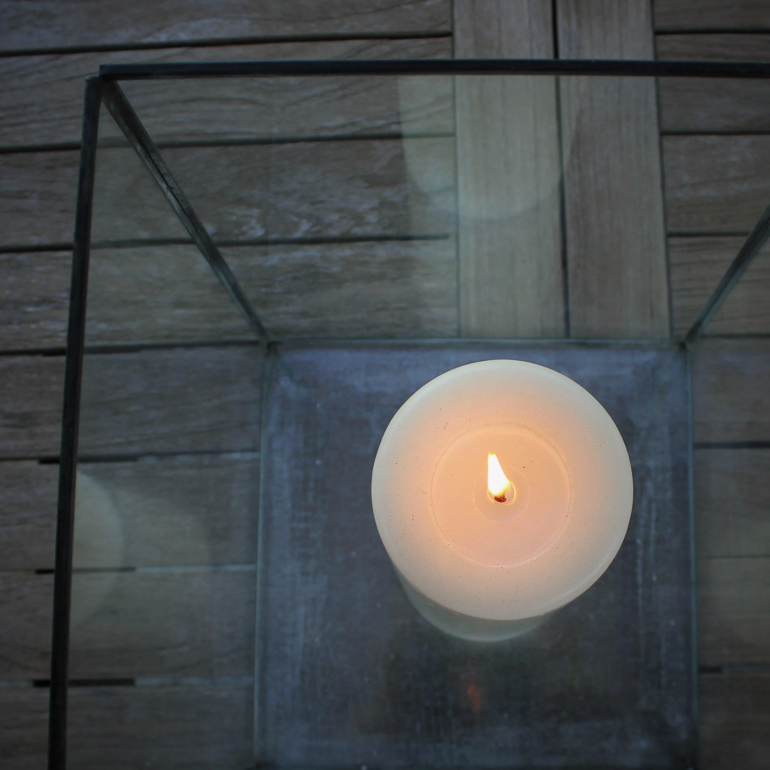 Set of Three Antiqued Metal & Glass Box Lanterns