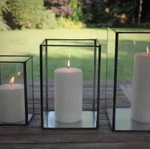 Set of Three Antiqued Metal & Glass Box Lanterns