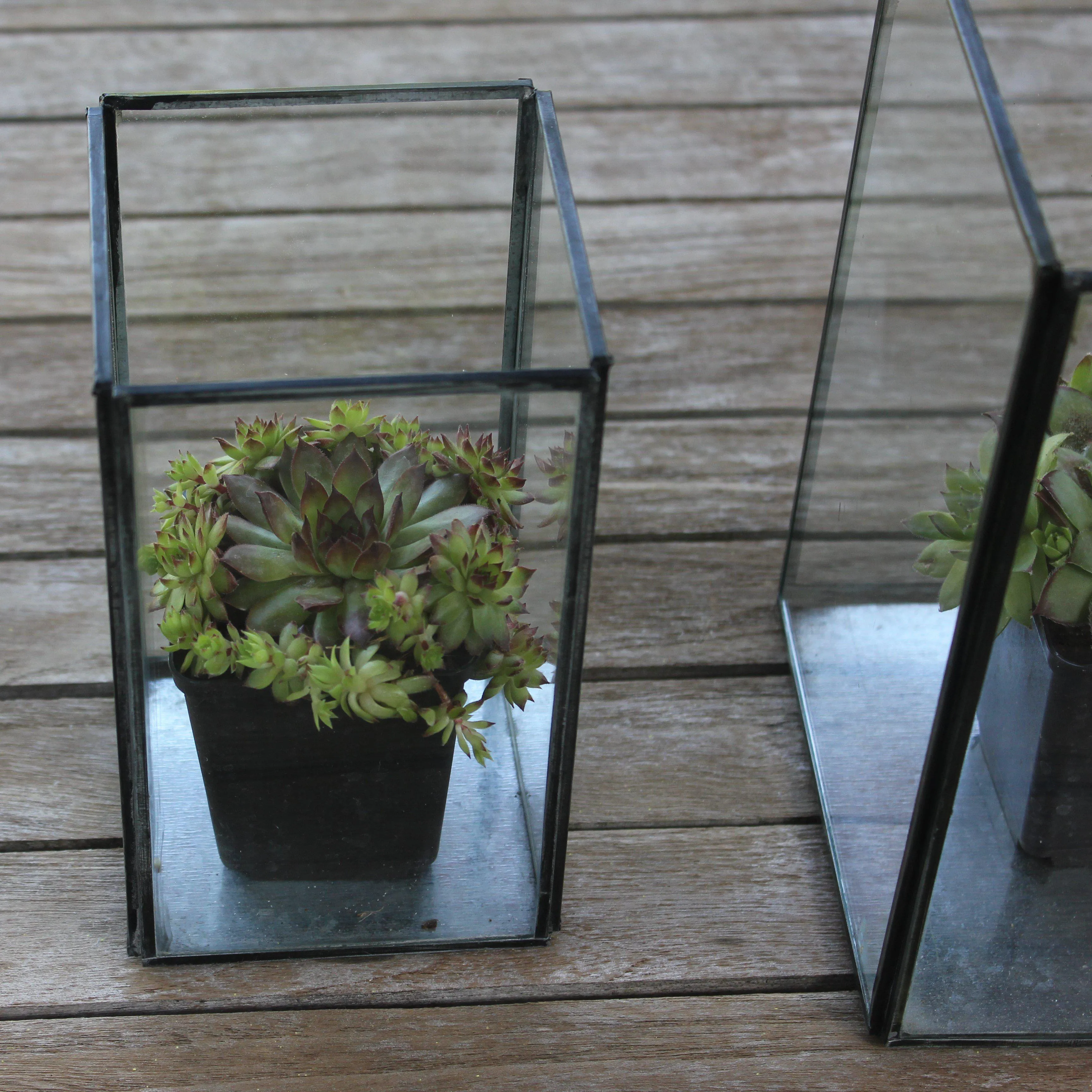 Set of Three Antiqued Metal & Glass Box Lanterns