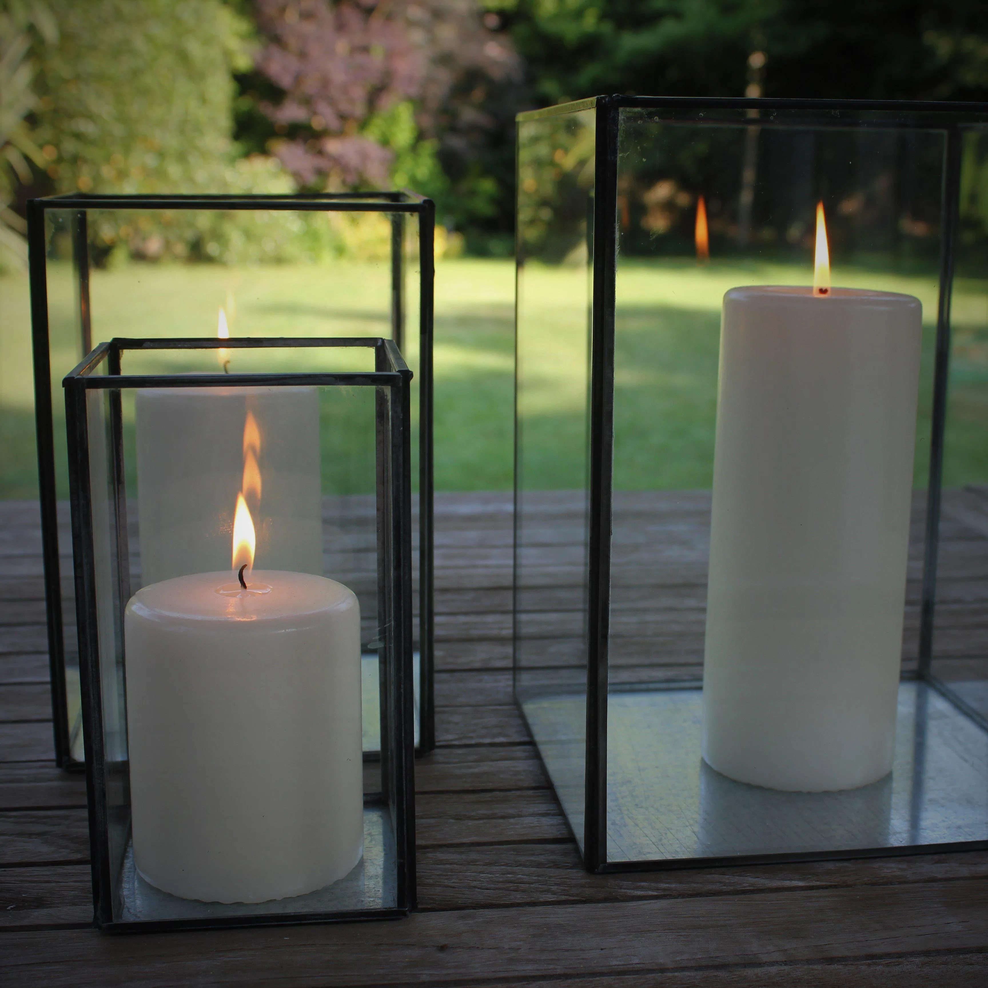 Set of Three Antiqued Metal & Glass Box Lanterns