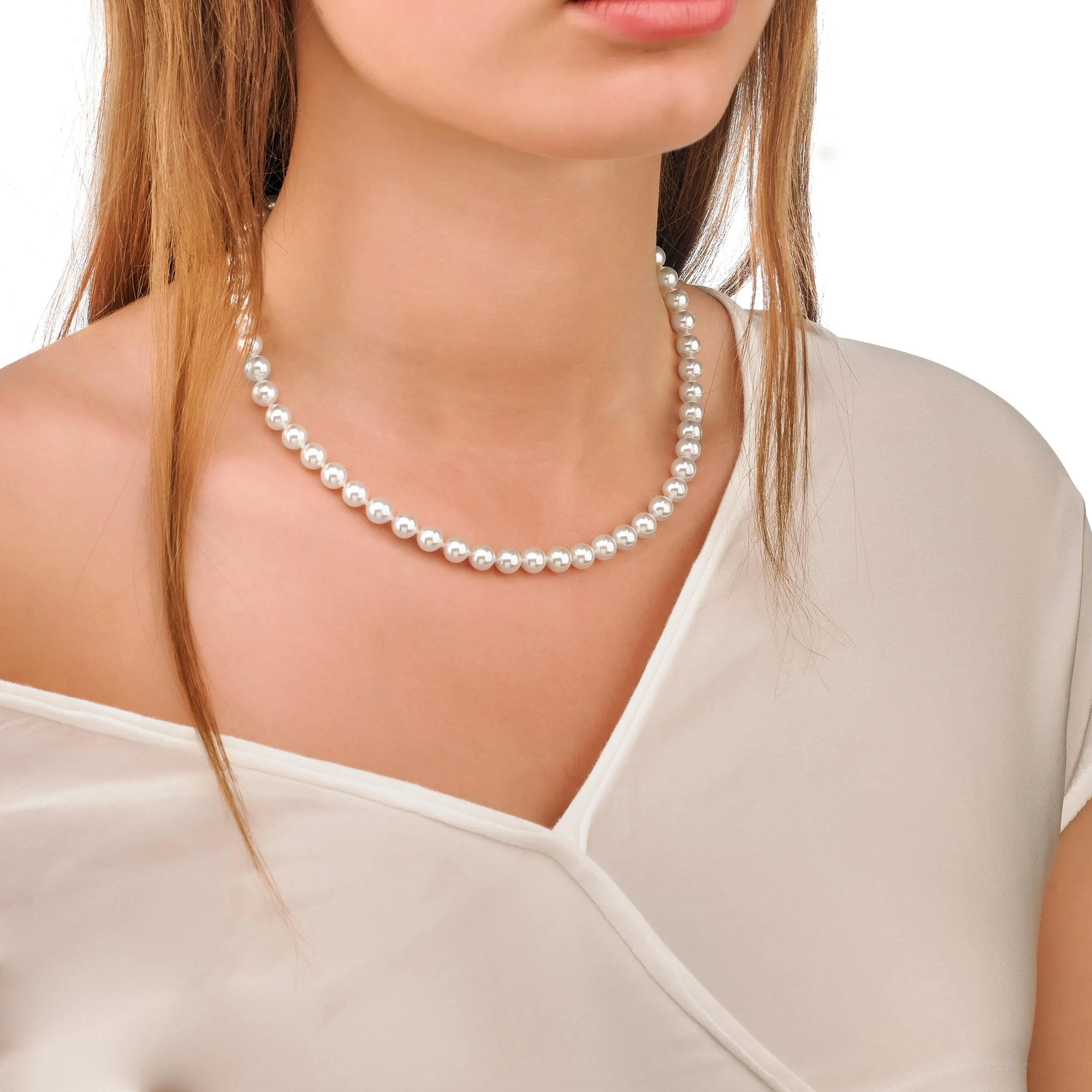 Sterling Silver Rhodium Plated Necklace for Women with Organic Pearl, 7mm Round White Pearls, 17.7" Necklace Length, Lyra Collection