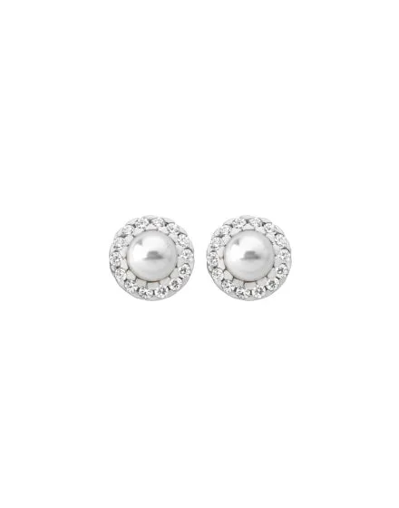 Sterling Silver Rhodium Plated Post Earrings for Women with Organic Pearl, 5mm Round White Pearl and Cubic Zirconia, Cometa Collection