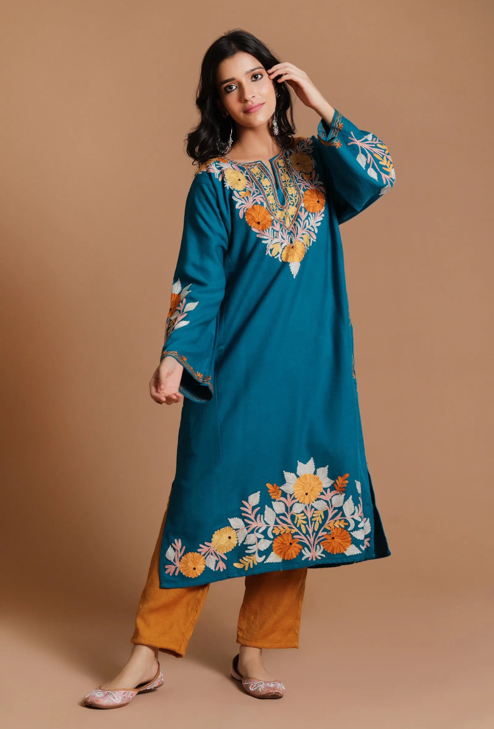 Venice Blue Aari Embroidered Kashmiri Phiran-Free Size