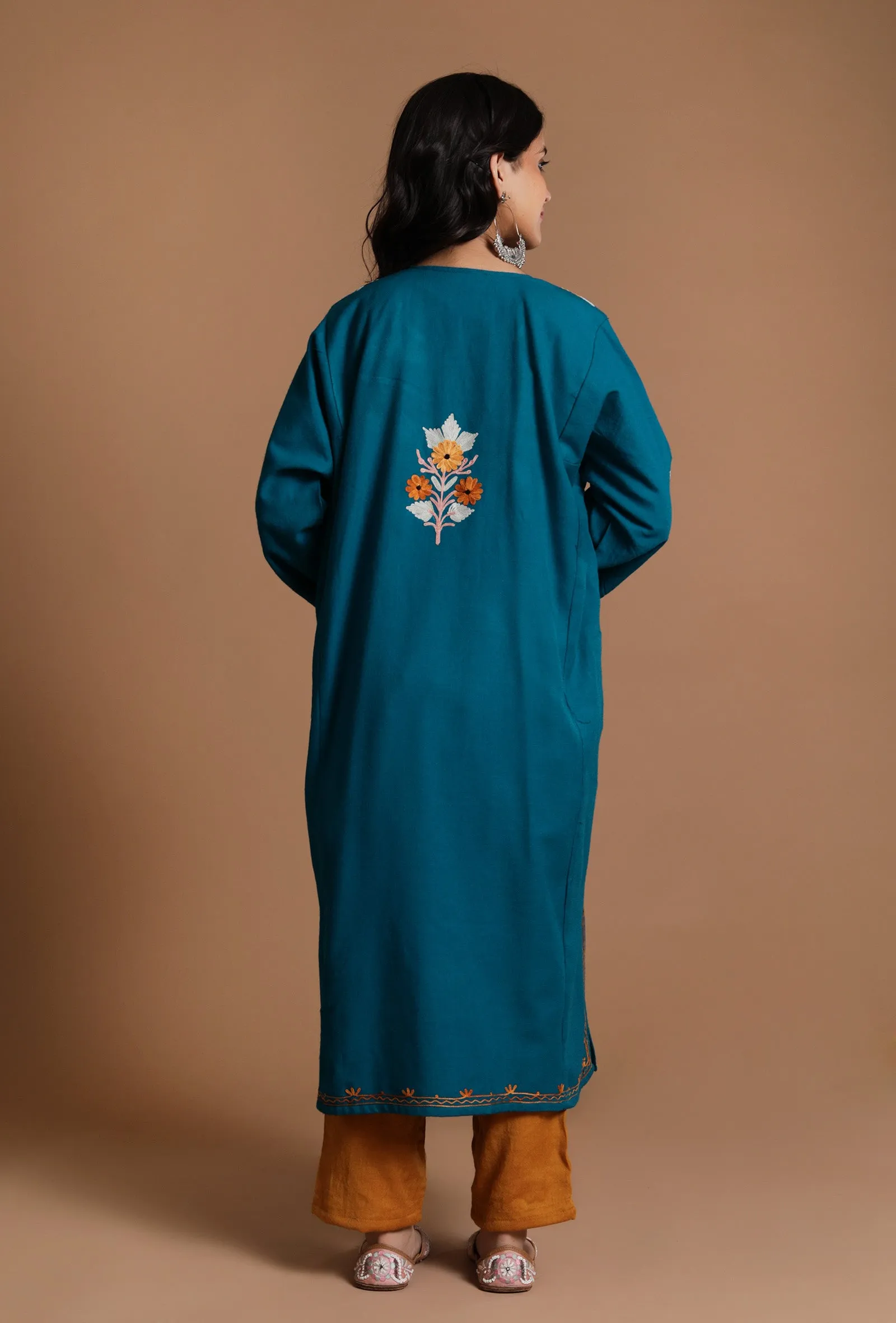 Venice Blue Aari Embroidered Kashmiri Phiran-Free Size