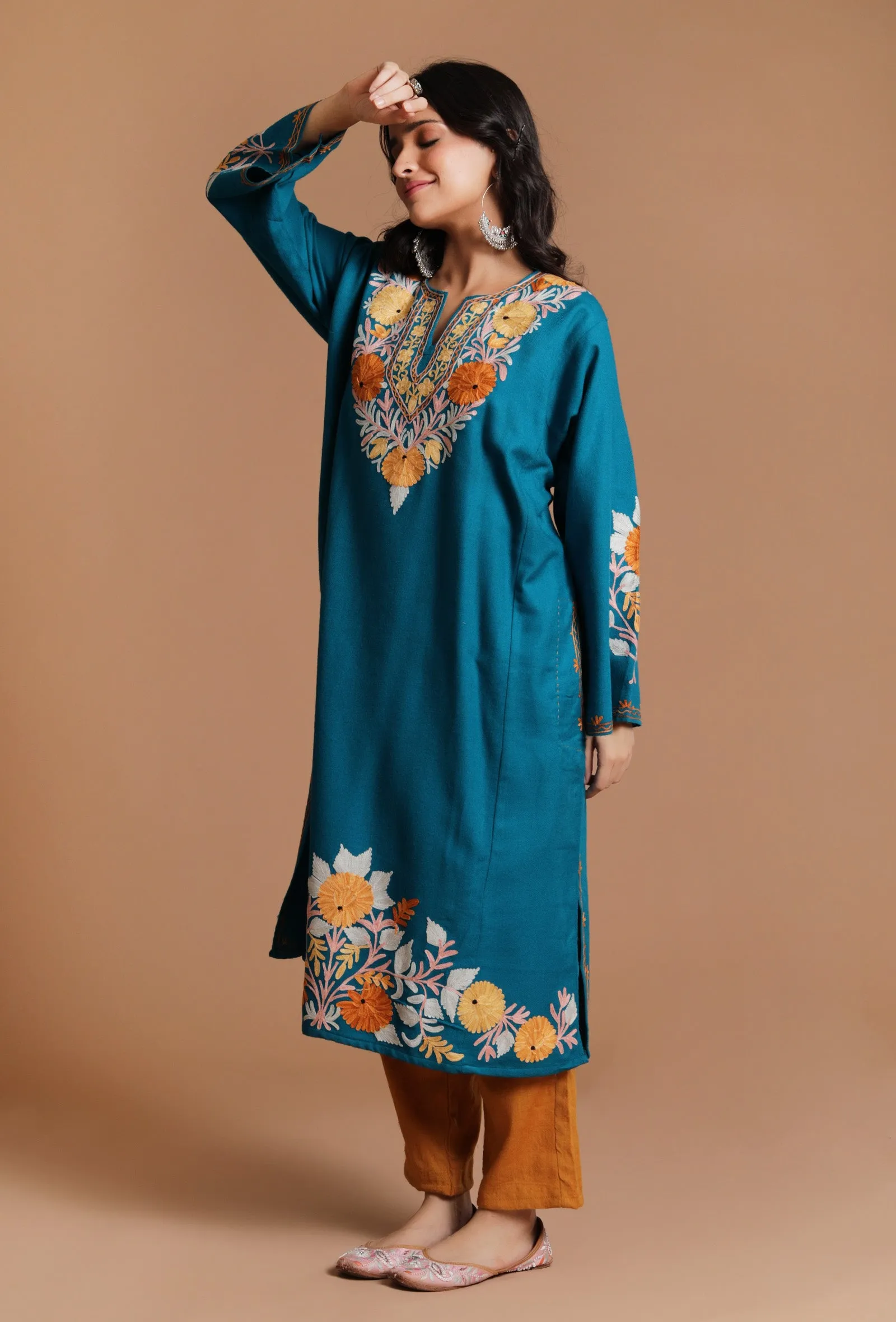 Venice Blue Aari Embroidered Kashmiri Phiran-Free Size