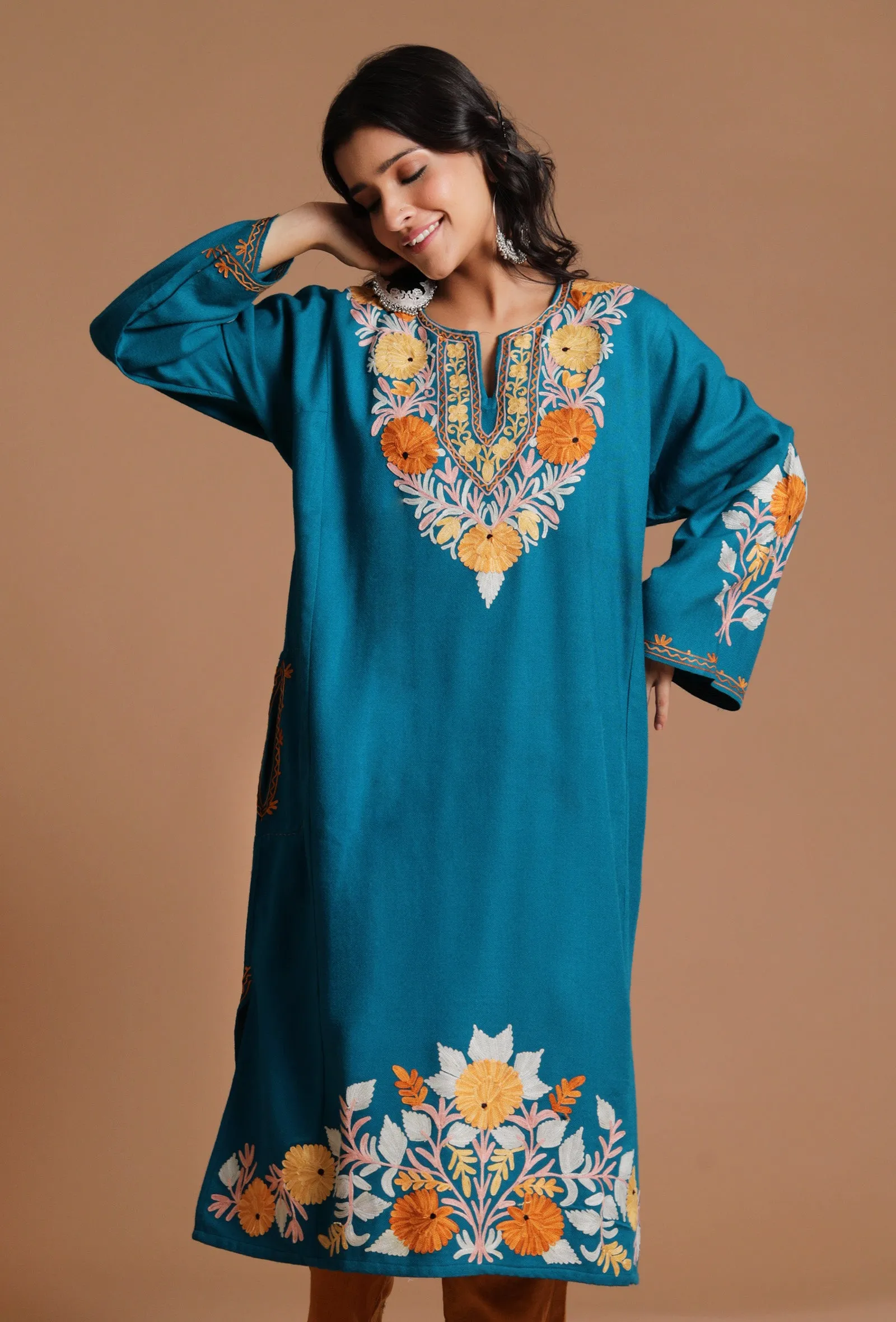 Venice Blue Aari Embroidered Kashmiri Phiran-Free Size