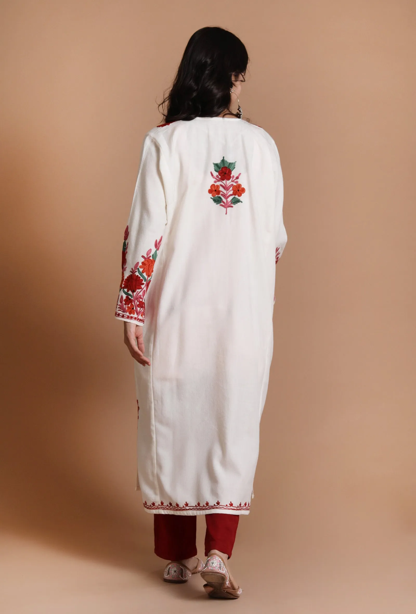 White Aari Embroidered Kashmiri Phiran-Free Size